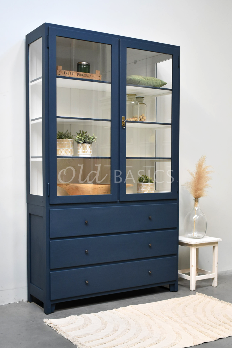 Detail van Vitrinekast Jeanette, 2 deuren, RAL5008, blauw, materiaal hout